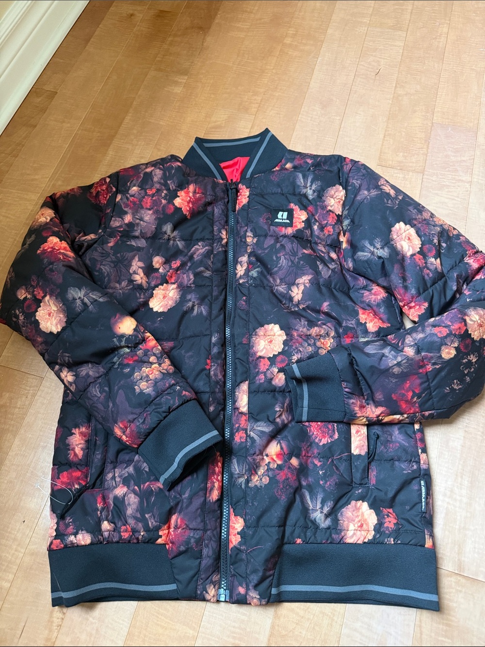 Quilted Floral Bomber Jacket - Black with Red Floral